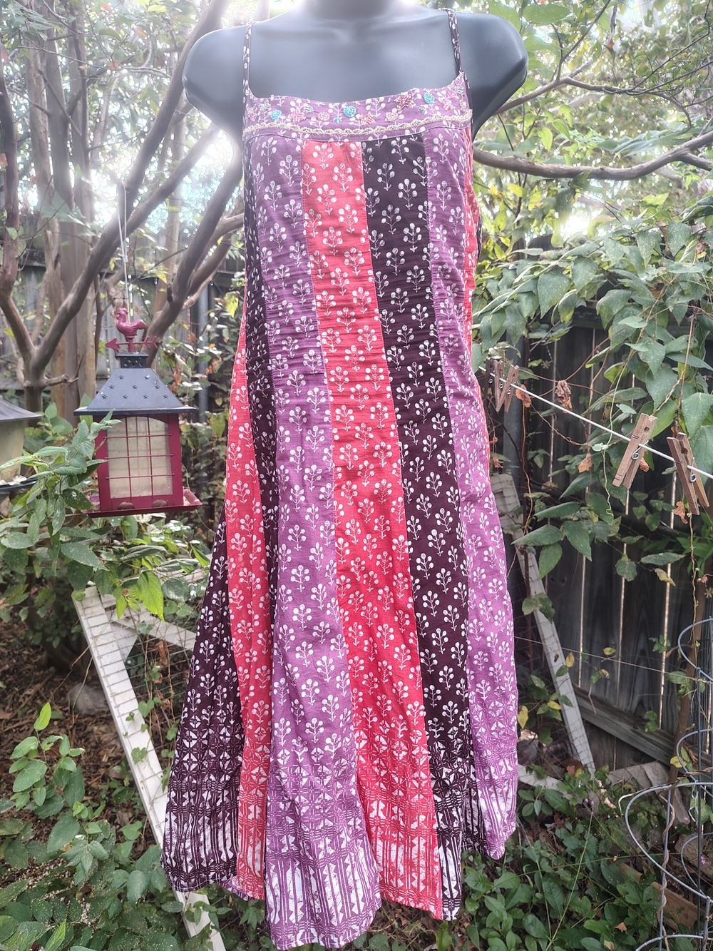 Free People Purple and Red Floral Tiered Lace Up Peasant Hippy Dress